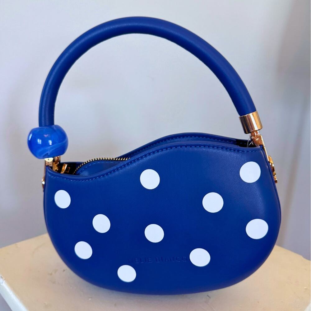 Melie Bianco Jennie Polka Dot Top Handle Bag Blue White Vegan Leather NWOT